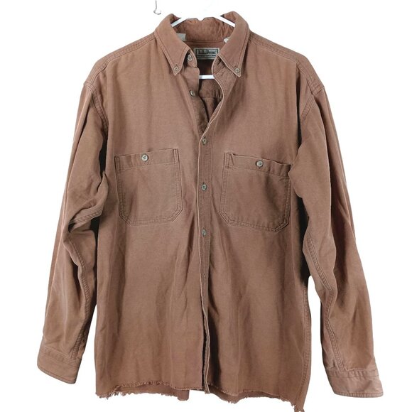 LL Bean Long Sleeve Chamois Cloth Shirt Cut off Raw Hem Size M Brown Casual Wear - Picture 1 of 6